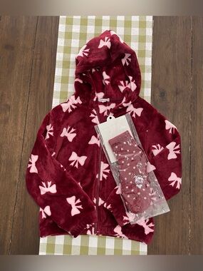 Girls Plush Hooded Zip Jacket with Pink Bow Print